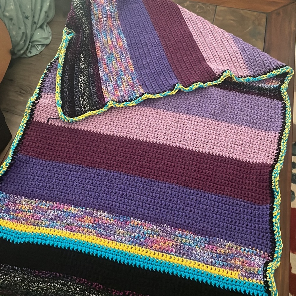 Throw-Homemade Crochet -Blanket-Multi colors- Purples-Blue-Yellow-Black-One Size